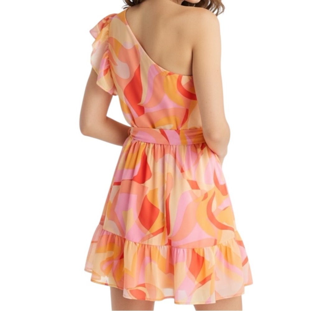 NWT AQUA Abstract Multi-Color One Shoulder Ruffle Hem Mini Dress Size Medium - Picture 2 of 4
